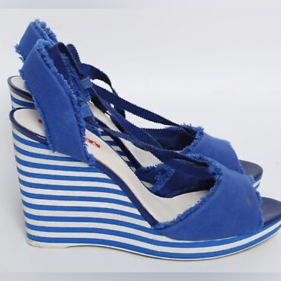 PRADA Cloth Striped Cobalt Blue Canvas Ankle Lace Up Wedges Heels Sandals - Picture 4 of 9